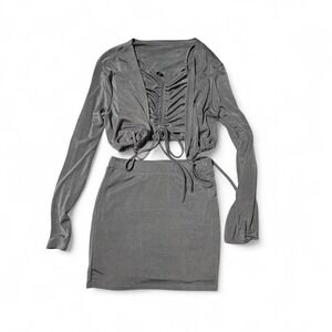 Slate Blue Grey Ruched Drawstring 3 Piece Set Cami Crop Top Mini Skirt Cardigan